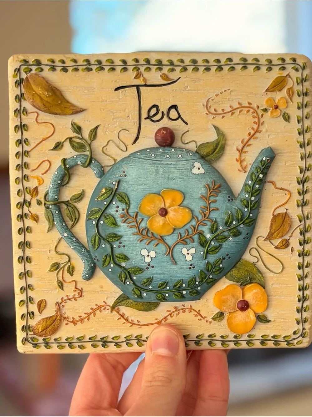 Cottagecore Floral 3D Textured Decorative Blue Teapot Wall Plaque - Tea Sign
